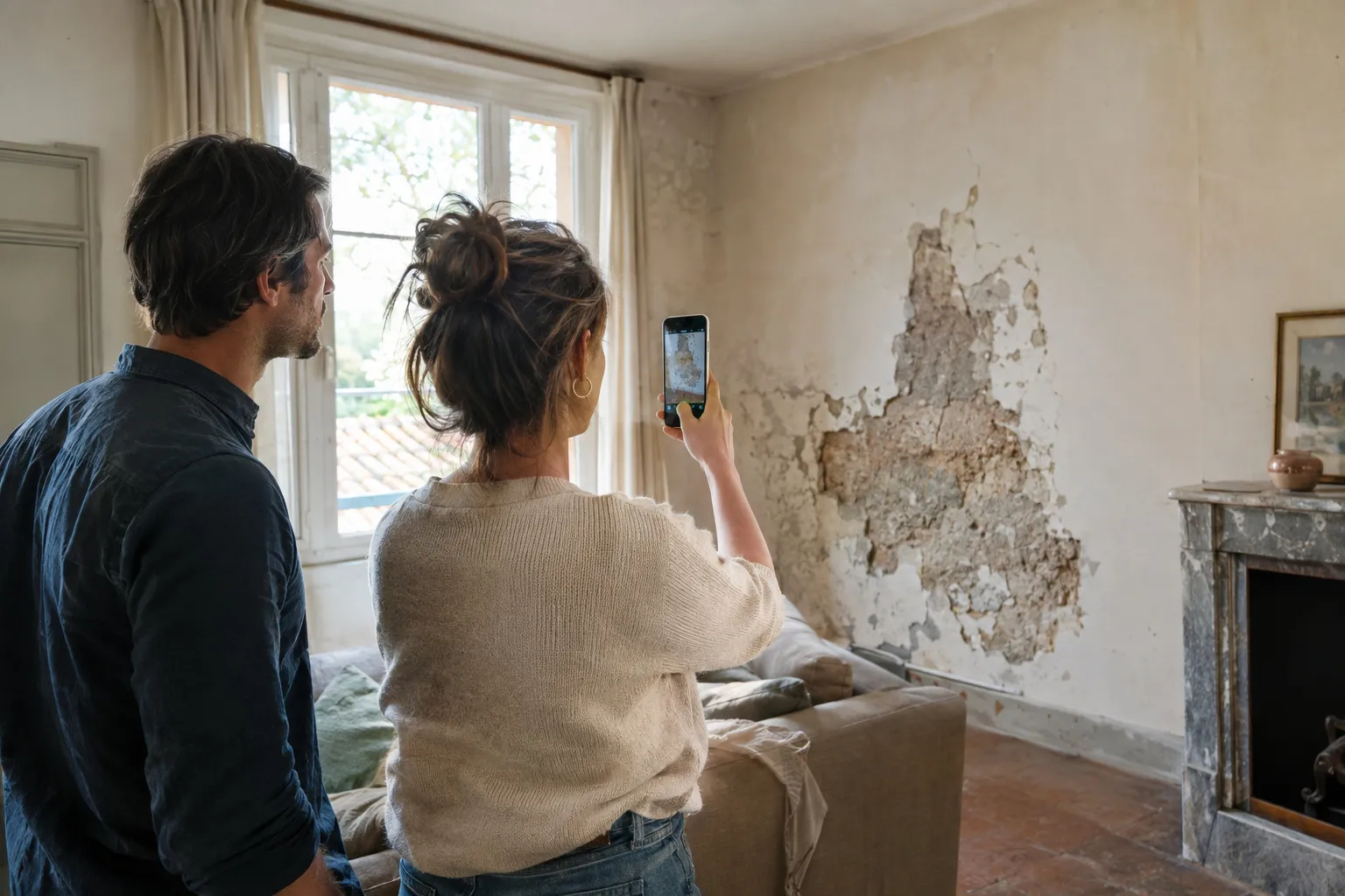 Un couple photographie ses pièces à rénover avec un téléphone pour demander un devis