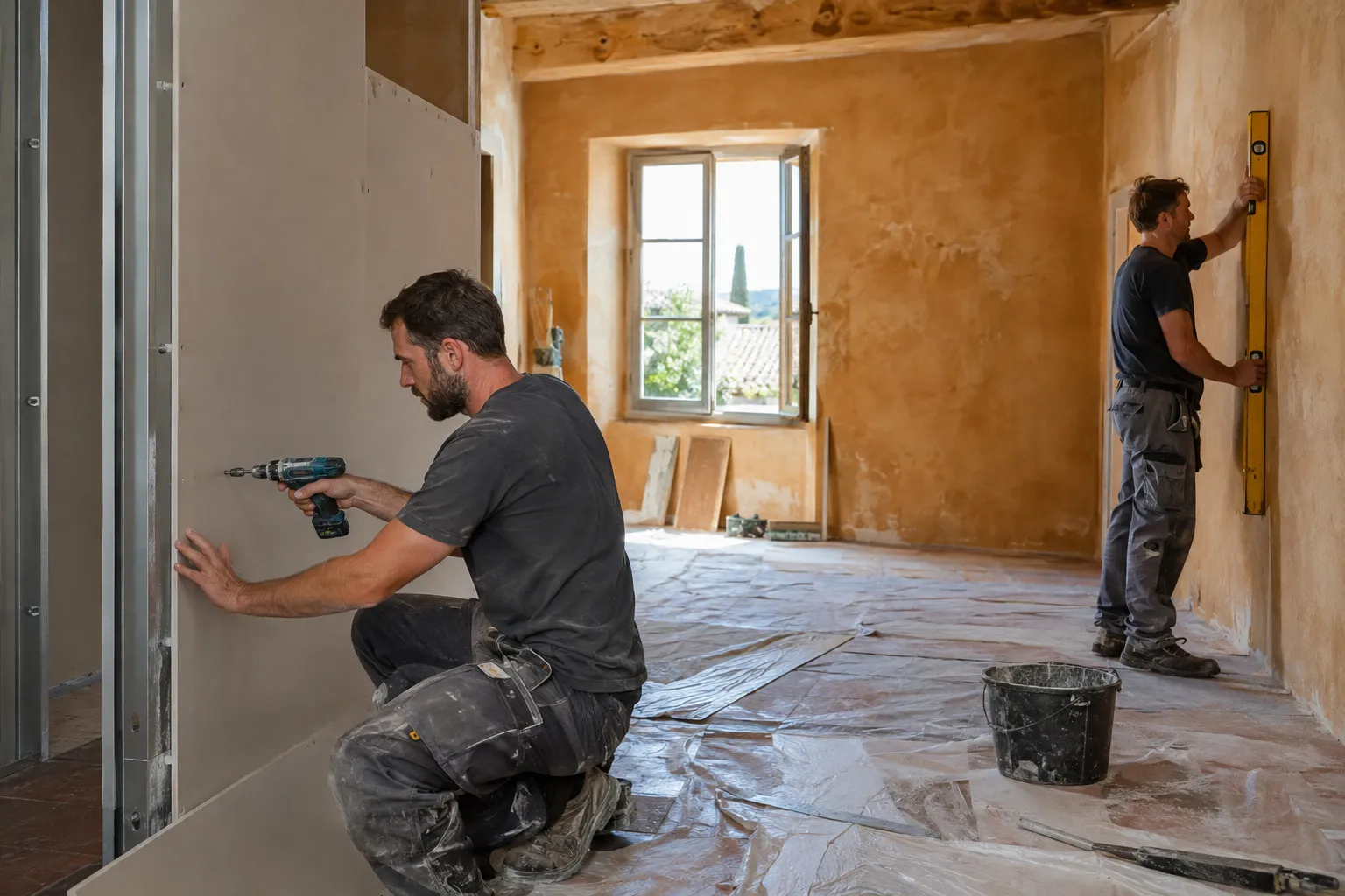 Nos artisans montent une cloison et contrôlent les aplombs dans une pièce en rénovation