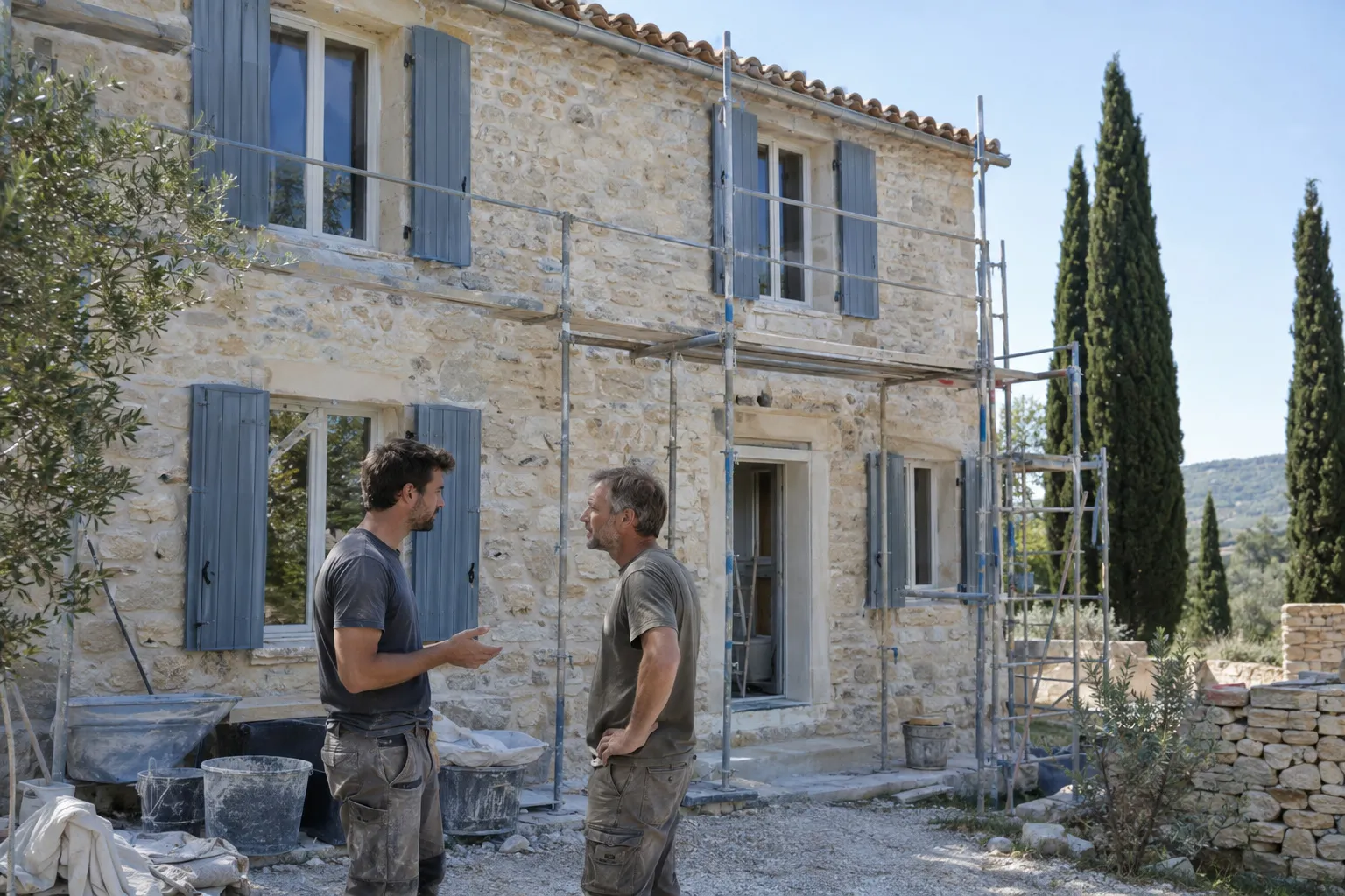Deux artisans échangent devant une maison en pierre du pays d’Aix sous échafaudage, volets gris-bleu, cyprès en arrière-plan