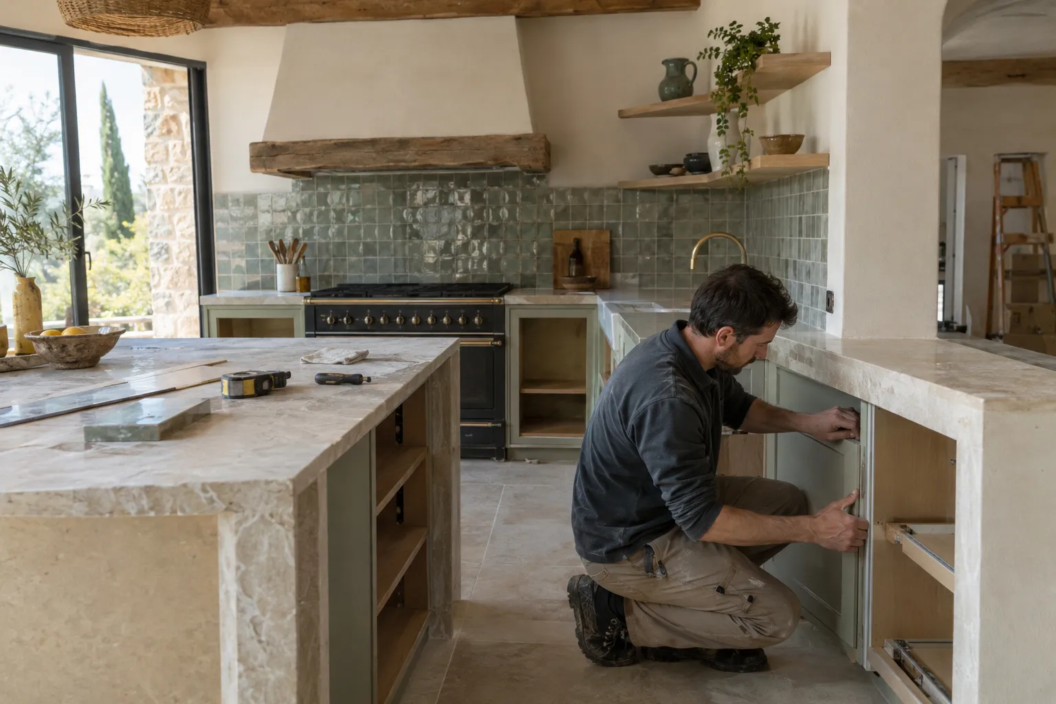 Un artisan pose les caissons bas d’une cuisine provençale devant une crédence en zellige vert, sous une hotte enduite.