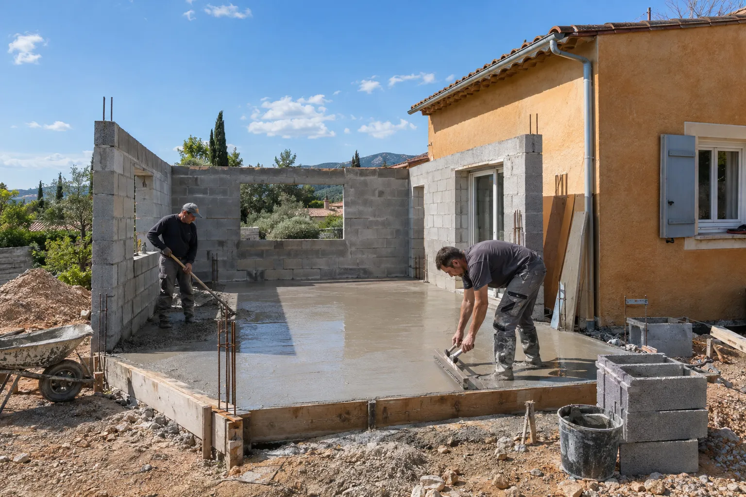 Chantier d’extension d’une maison provençale : murs en parpaings montés et dalle tirée à la règle par deux artisans