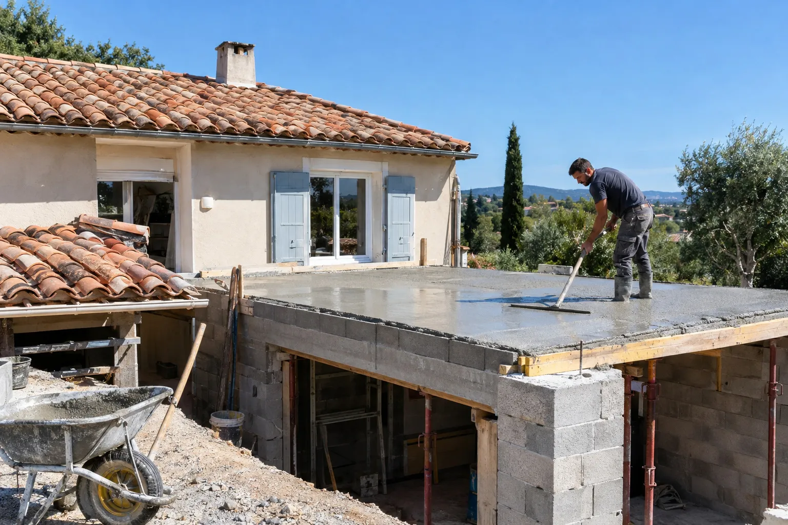 Toiture en tuiles canal et chantier d’extension d’une villa, un artisan lisse la dalle sous un ciel bleu.