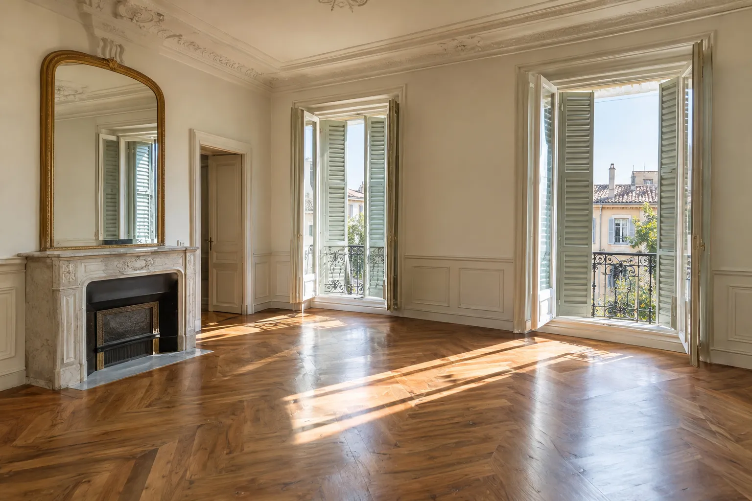 Salon d’un appartement ancien d’Aix rénové, parquet restauré, murs clairs, moulures conservées et persiennes entrouvertes.