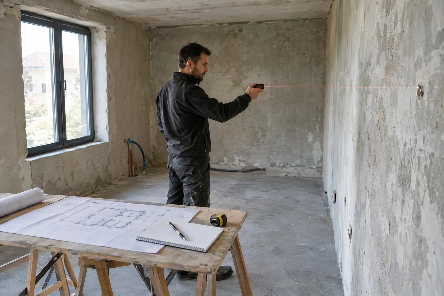 Architecte et propriétaire examinant des plans et des échantillons de matériaux sur une table, maison aixoise en arrière-plan