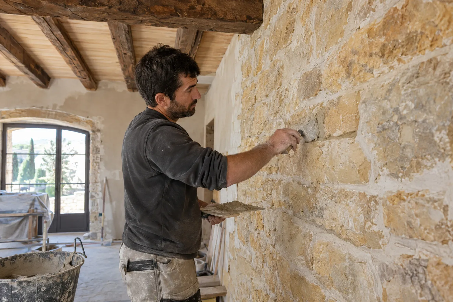Artisan rejointoyant à la chaux un mur en pierre apparente sous un plafond à poutres, dans une bastide en rénovation