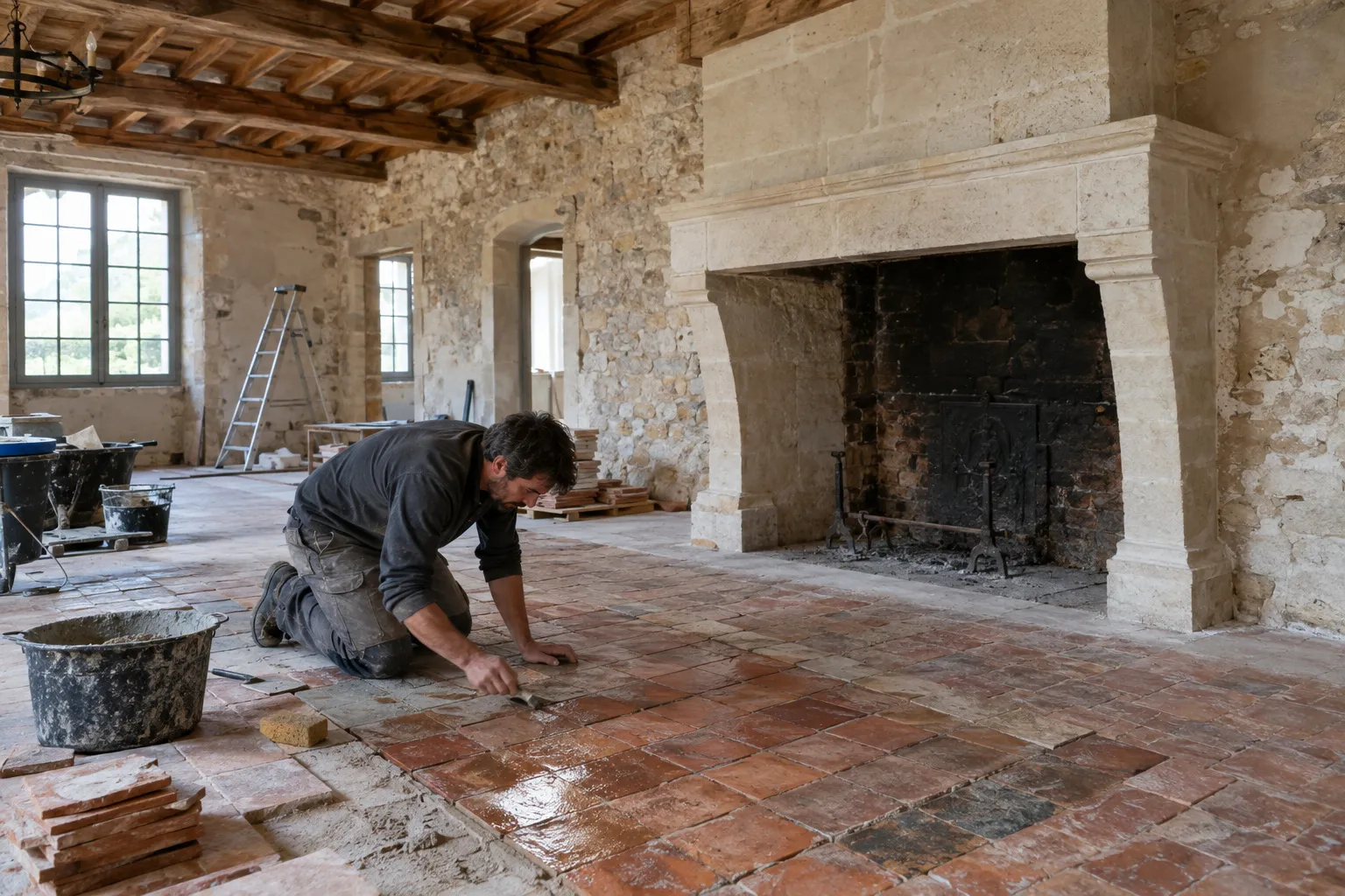 Bastide de Puyricard aux murs épais et à la toiture de tuiles canal, vue depuis le jardin avec oliviers et terrasse ombragée.