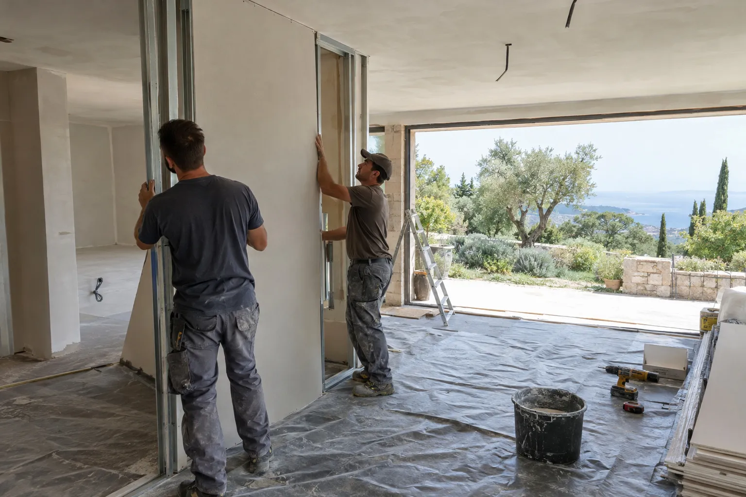 Chantier de rénovation d’une villa à Aix-en-Provence, pièce de vie ouverte, cloisons neuves et sol en cours de pose