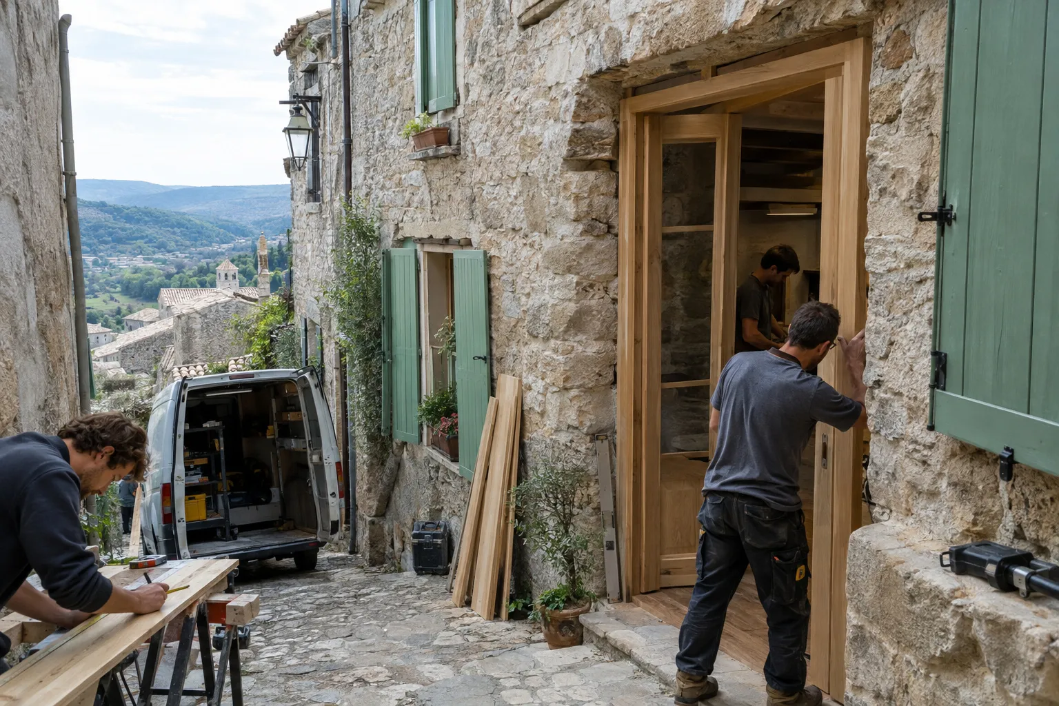 Maison en pierre claire à Éguilles avec volets verts, ruelle ensoleillée et collines de garrigue en arrière-plan.