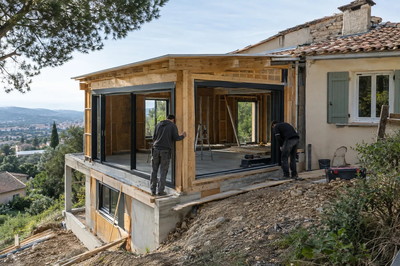 Villa de Venelles en cours d’extension, nouvelle pièce en parpaings et ossature à côté de la façade existante, jardin en pente.