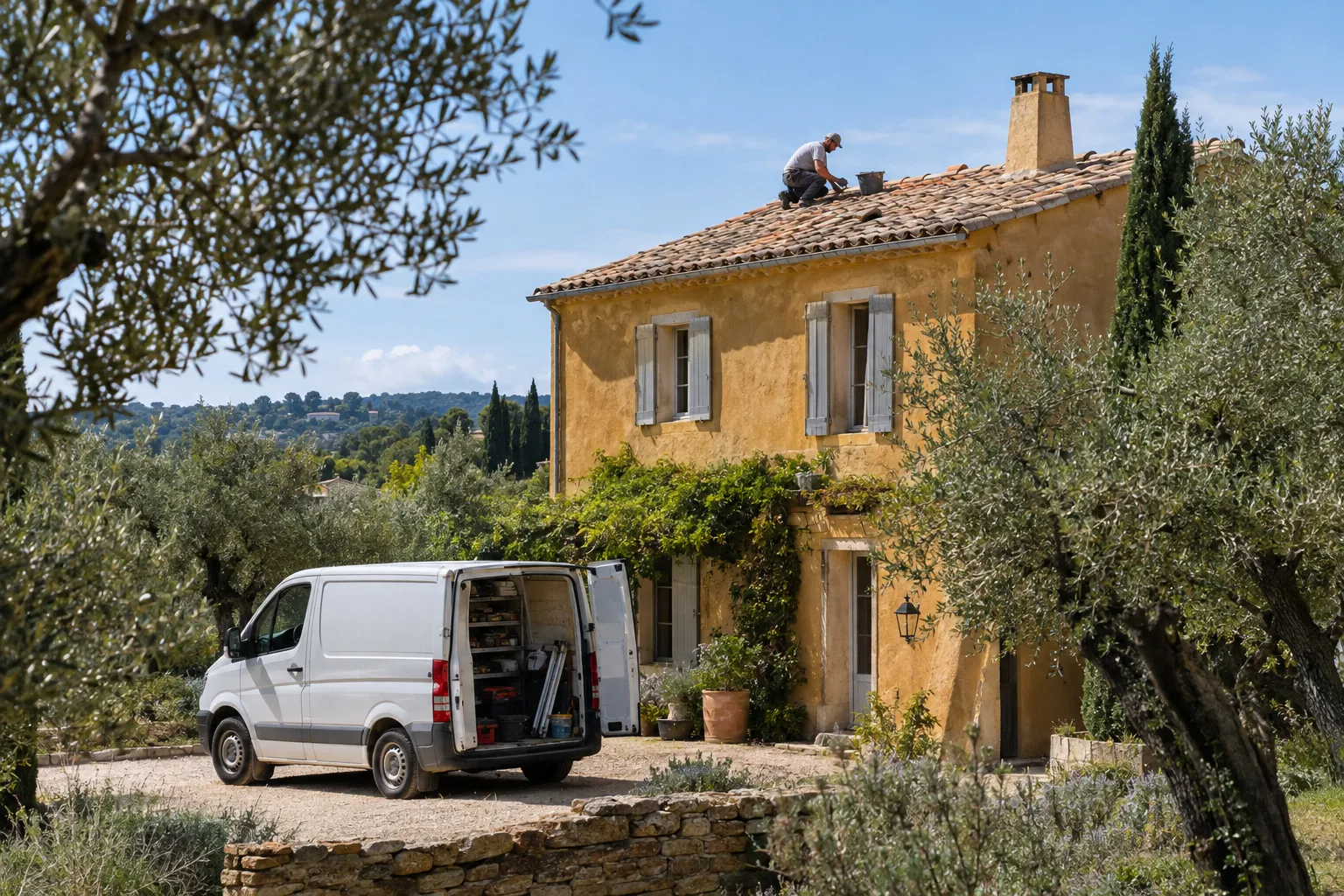 Bastide de pierre claire entourée d’oliviers et de pins à Puyricard, volets ouverts, chantier de rénovation en cours.