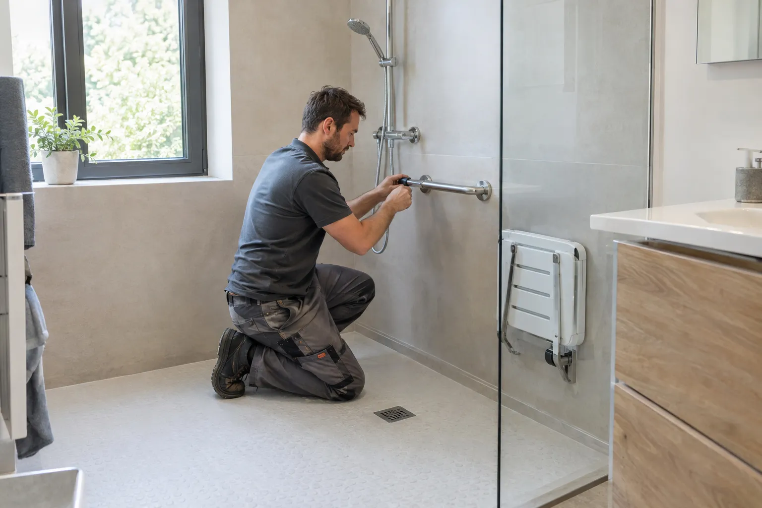 Salle de bain claire avec douche de plain-pied, siège rabattable, barre d’appui et carrelage antidérapant gris clair.